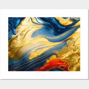 Fluid art gold with blue and red paint. Posters and Art